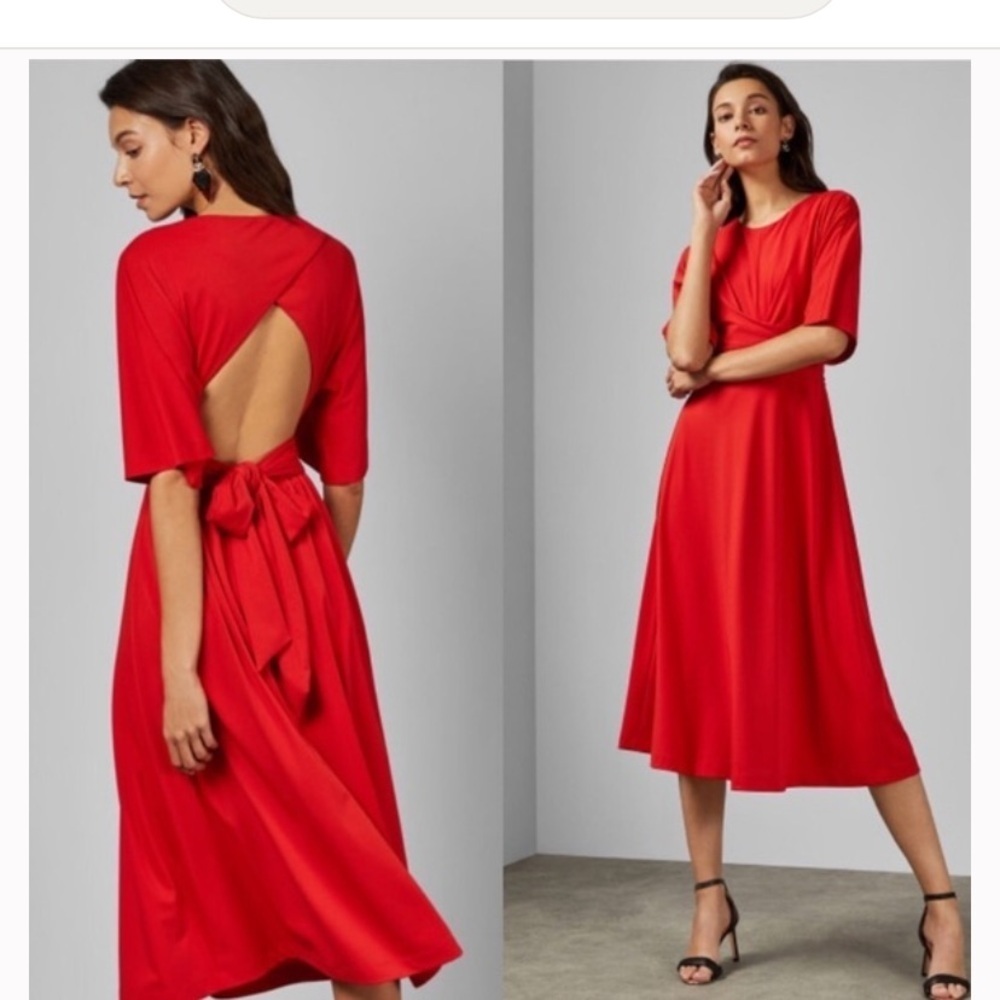 Red Ted Baker Syrrina wrap around open back dress red bow cutout formal fall